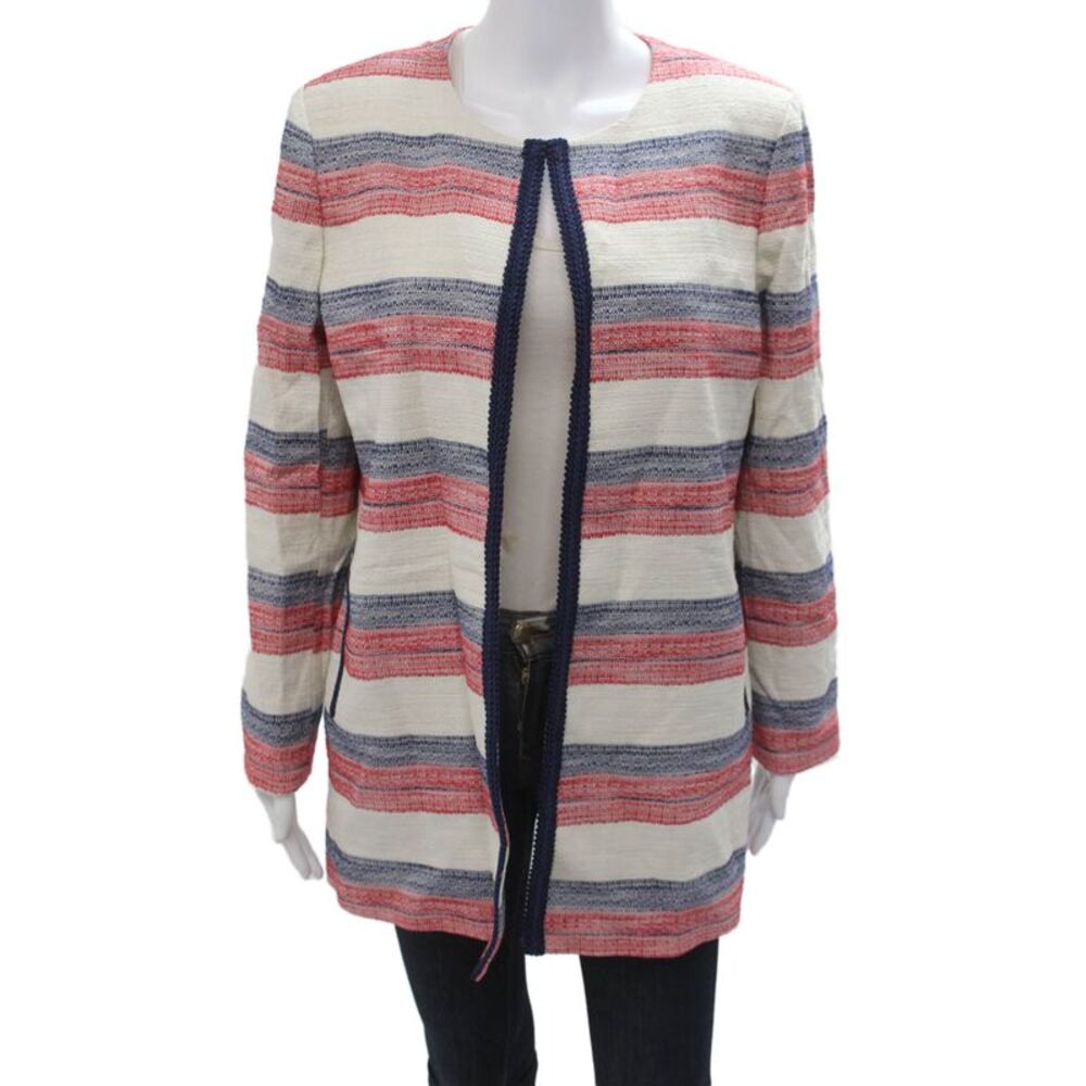 Tahari Levine Womens Petite Striped Beige Blazer Long Sleeve Crew Neck Size 14P
